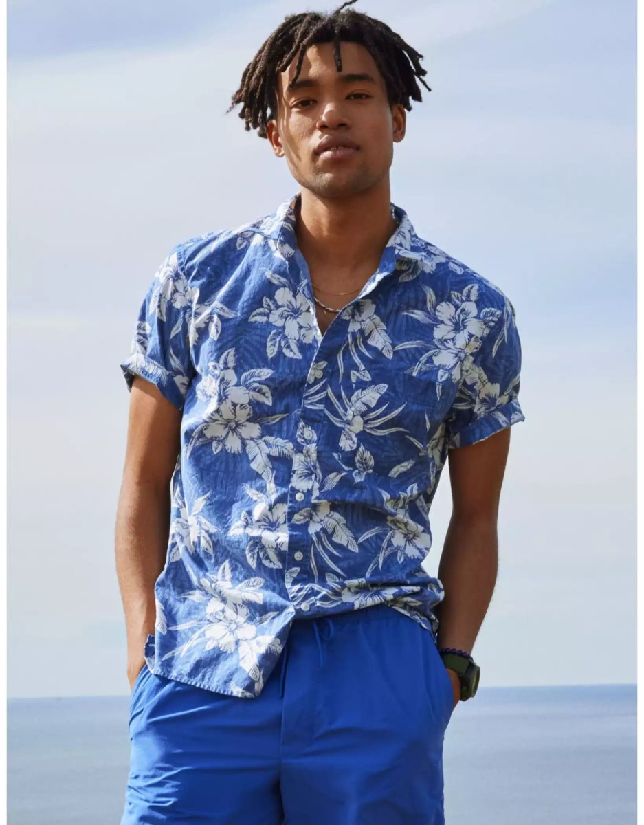 Hauts Flanelle American Eagle AE Tropical Button-Up Resort Shirt Bleu Homme | DOJ-02974093